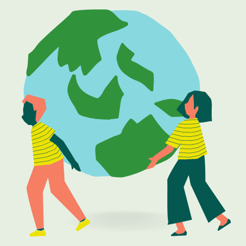 An illustration of two people carrying our planet Earth together