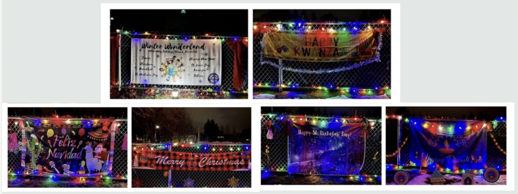 Photographs of the light-up displays celebrating winter holidays from around the world at Smith PTSA's 2022 Winter Wonderland event