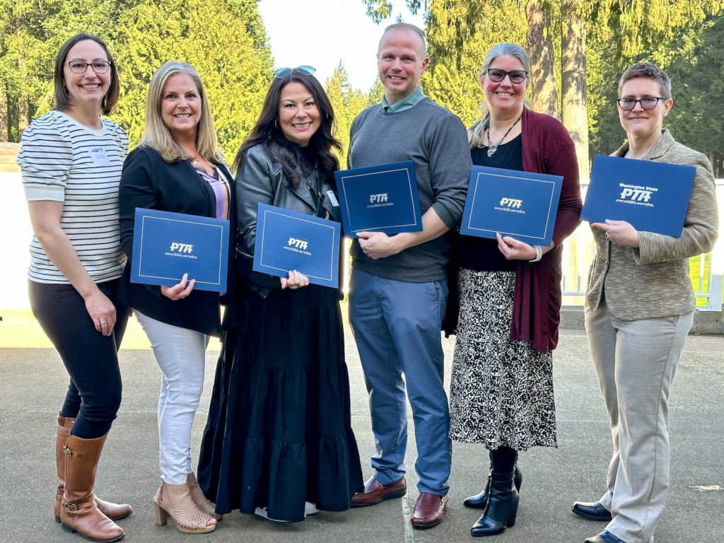 LWPTSA Council President Kristen Dorwin (far left) with our 2024 award recipients (L to R): Elysia Heller (Golden Acorn Award), Terri Gatts Dayton (Community Service Award), Joseph "Joey" Neibauer (Outstanding Educator Award), Judy Kaethler (Outstanding Service Award) and Aspen Richter (Outstanding Advocate Award). Photo courtesy of Muusa Liinpaa.