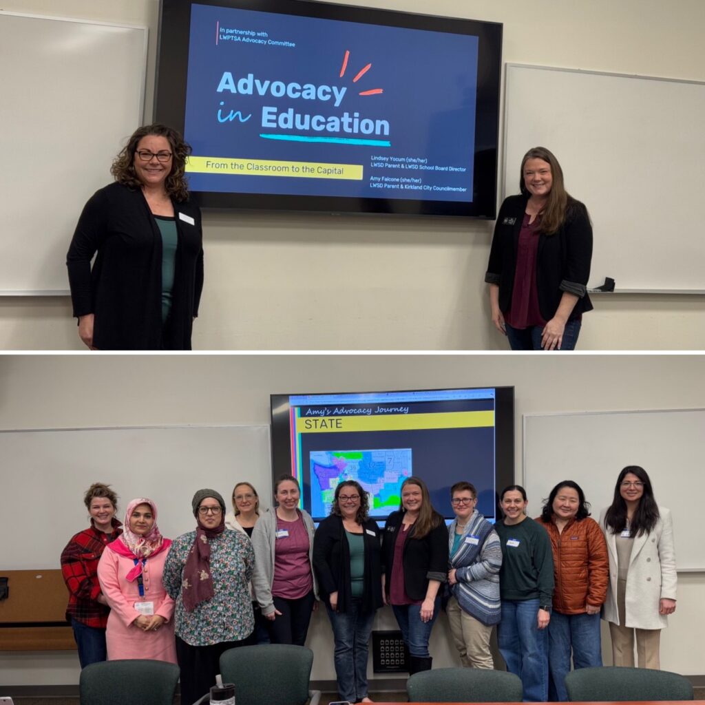 Top photo shows meeting speakers Lindsey Yocum and Amy Falcone standing next to the presentation display screen. Bottom photo shows participants of the meeting standing in a row.