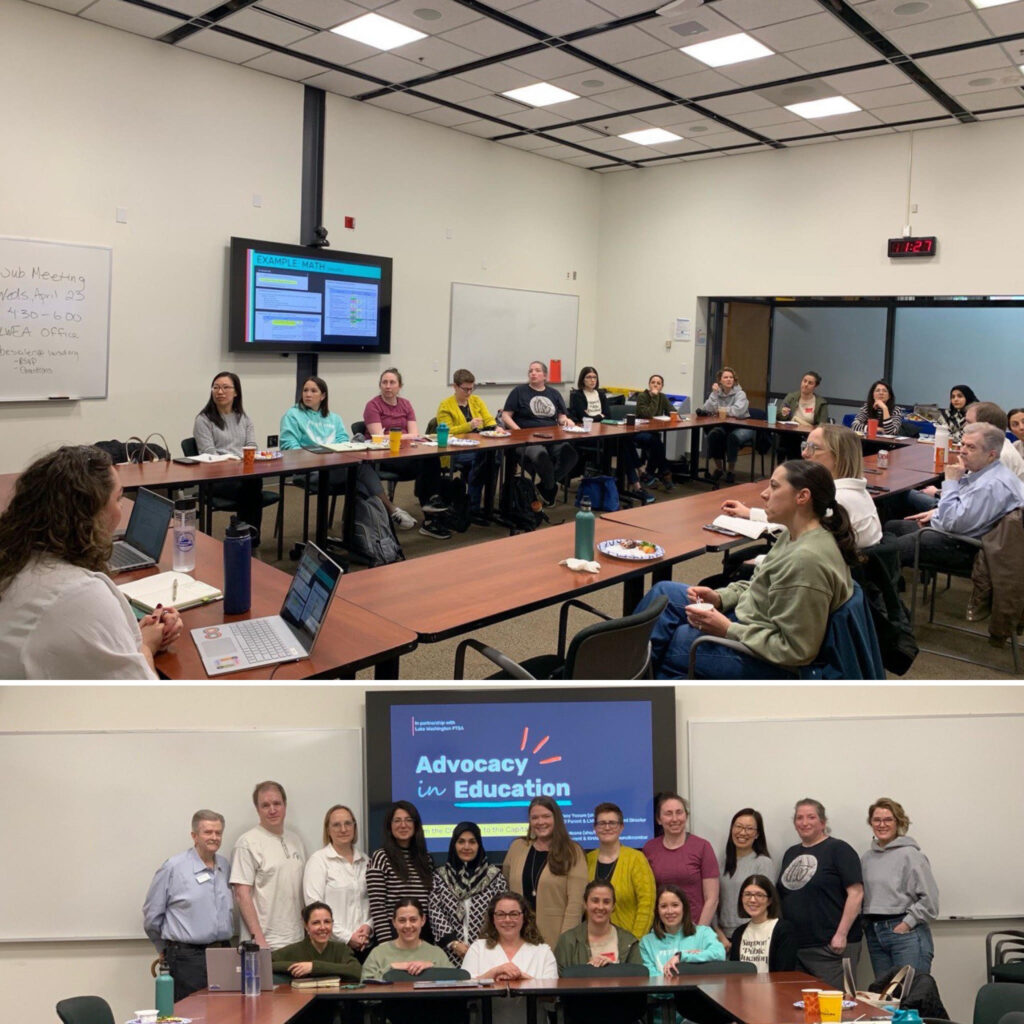 Photos from LWPTSA Council's Advocacy Skills in the Education System March 24, 2025, meeting — Participants seated around meeting tables, and a group picture of all the meeting attendees in front of the projection screen displaying the slide show.